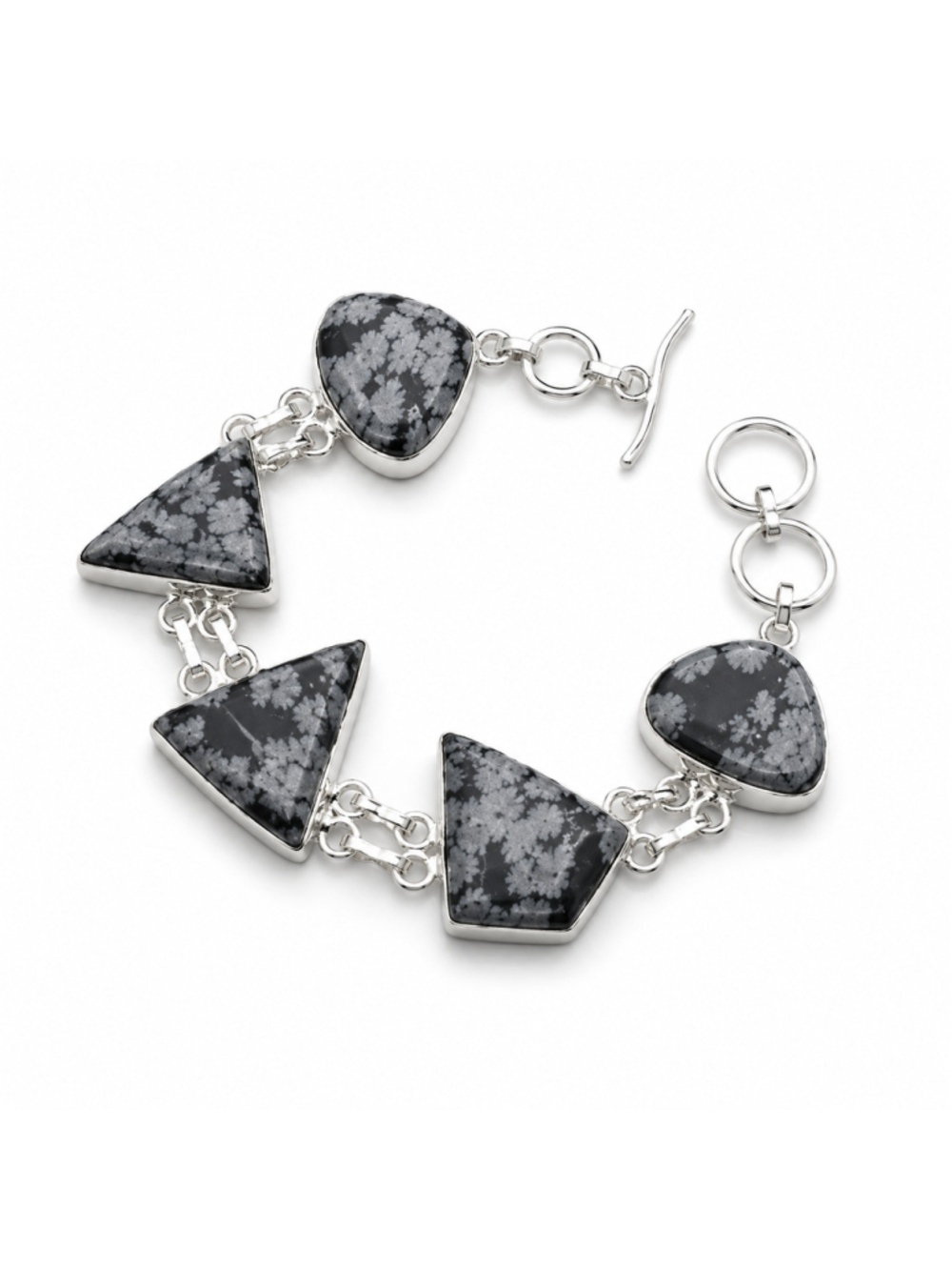 Snowflake Obsidian Triangle Stone Bracelet 925 Silver Plated NWT